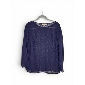 LOFT Petites LP Navy Blue Sheer Lace Blouse Long Sleeve Embroidered Top